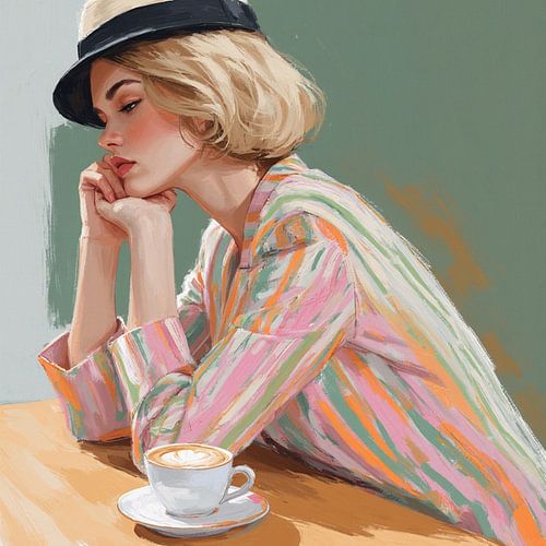 Een portret van een jonge vrouw met een kop koffie.