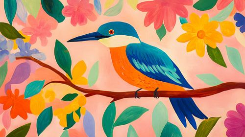 Bunter Eisvogel: Fröhliche Vogelkunst inmitten blühender Blumen