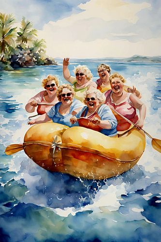 Des dames douillettes dans un bateau en caoutchouc sur De gezellige Dames