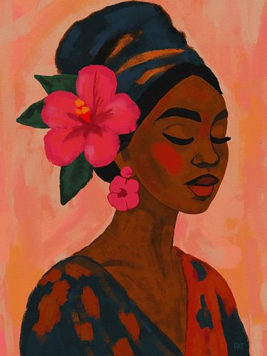 Modern African Woman with Hibiscus in Powder Pink and Ochre