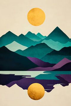 Abstract berglandschap met twee zonnen van Poster Art Shop