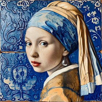 Delfts blauw meisje met de parel van Vlindertuin-Art