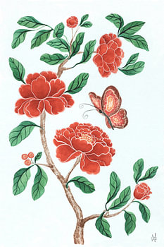 Chinoiserie Flowers in Tangerine Twist with Butterfly