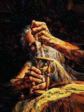 Wenn nur die Jugend zurückkäme - Alter Mann Sanduhr Impasto Ölgemälde von Ramy Salah Hefny