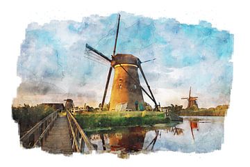 Aquarell mühlen Kinderdijk von Peter Bolman