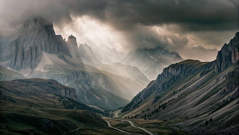 Mystical mountain landscape in the fog by Klaus Tesching - Art-AI