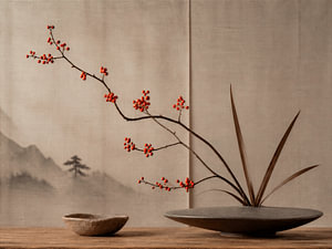 Style ikebana : branche japonaise minimaliste avec des baies