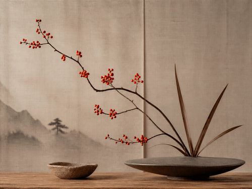 Ikebana-Stil: Minimalistischer japanischer Zweig mit  Beeren