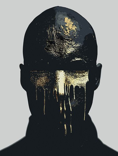 Minimalistische schwarz-goldene abstrakte Porträt-Wandkunst - tropfende goldene Farbmaske von Ramy Salah Hefny