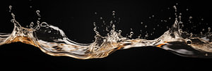 Fließendes Wasser Banner in Zeitlupe mit Tropfen und Spritzern auf schwarzem Hintergrund