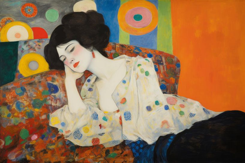 Kleurrijk portret in de stijl van Gustav Klimt en Hilma af Klint van Carla Van Iersel