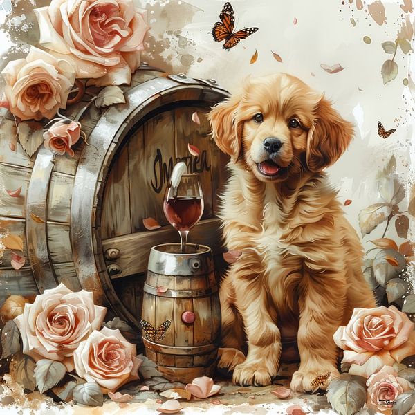 dogs-cats-birds-wine-barrel-butterflies-flowers by Gelissen Artworks