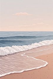 Ruhige Meereswellen am Sandstrand – Minimalistische Wanddekoration im Küstenstil in sanften Pastelltönen von Blau und Pfirsich von VICTOR S