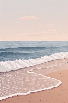 Ruhige Meereswellen am Sandstrand – Minimalistische Wanddekoration im Küstenstil in sanften Pastelltönen von Blau und Pfirsich