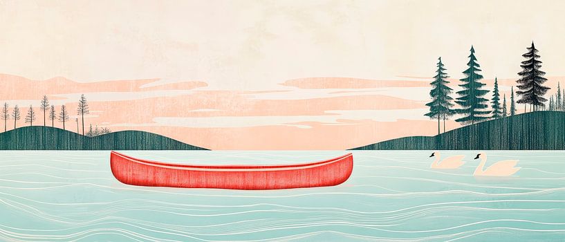 Red canoe on a calm lake - pure idyll by Poster Art Shop