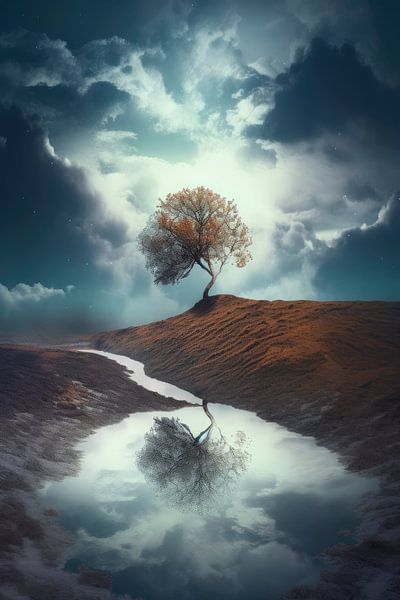 Eenzame boom in een surrealistisch landschap 1 van Digitale Schilderijen
