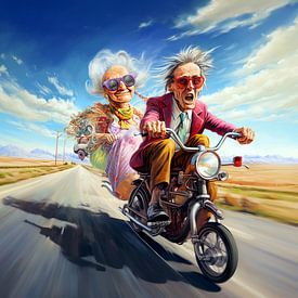Caricature surreal couple motorbike country road landscape by gm_designs