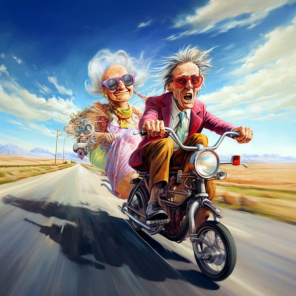 Karikatur surreal Paar Motorrad Landstrasse Landschaft von gm_designs