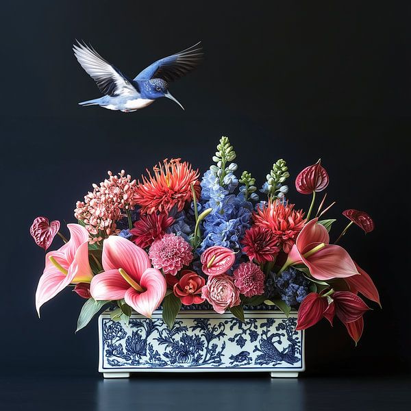 Bleu de Delft : œil d'oiseau sur les fleurs par PixelMint.