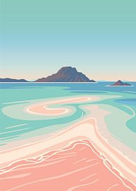 Flache Naturillustration eines tropischen Strandes mit rosa Sand, türkisfarbenem Wasser und Inseln in der Ferne. von Adam Khabibi