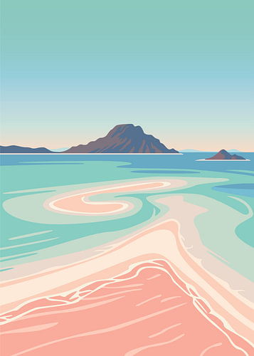 Flache Naturillustration eines tropischen Strandes mit rosa Sand, türkisfarbenem Wasser und Inseln in der Ferne.