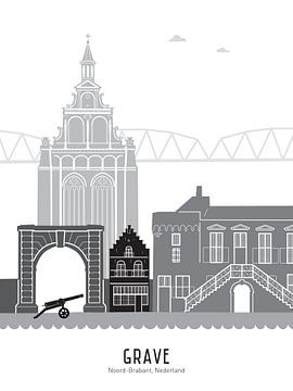 Skyline illustratie Grave in zwart-wit-grijs van Mevrouw Emmer