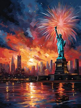 The Statue of Liberty in the glow of the New Year's Eve sky by Peter Balan