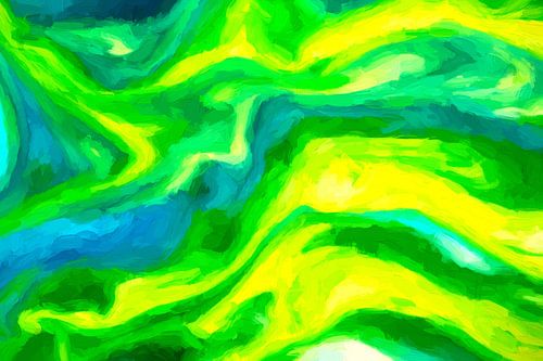 Gele algen door een blauwe zee, verlicht door de felle zon. 