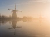 Neblige goldene Stunde bei den Windmühlen von Kinderdijk von Jeroen de Jongh Miniaturansicht