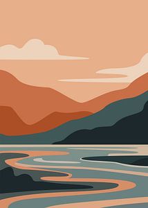 Minimalistische, flache Vektorgrafik einer Landschaft mit gewundenen Flüssen, die durch ruhige, vielschichtige Bergtäler fließen