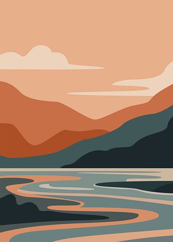 Paysage vectoriel minimaliste en style plat représentant des rivières sinueuses qui serpentent à travers des vallées montagneuses sereines et en gradins