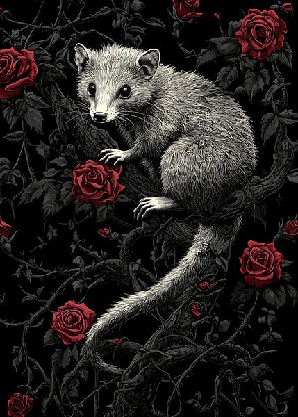Opossum dans un buisson d'épines avec des roses par Pixelbull Design