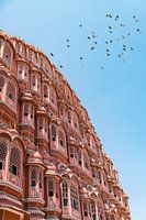 Overvliegende duiven bij de Hawa Mahal in Jaipur India.