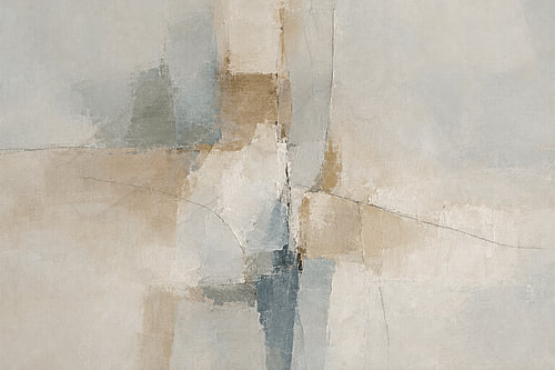 Œuvre d'art scandinave abstraite aux tons bleu-gris et beige, avec des formes géométriques
