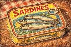 A tin of sardines on an old wooden table