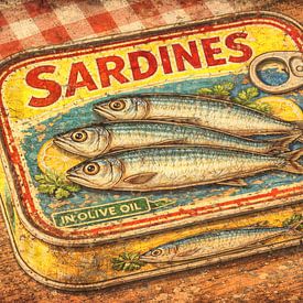 Une boîte de sardines sur une vieille table en bois sur Claudia Gründler