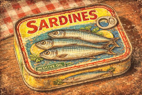 Blikje sardines op een oude houten tafel