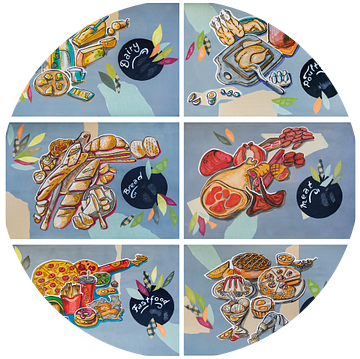 Keukenkunst - productgroepen, 6 illustraties van Ariadna de Raadt-Goldberg
