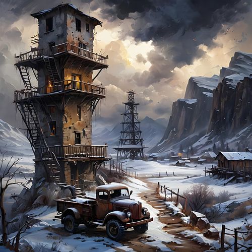 mysterious tower-like building in the wild west, steampunk