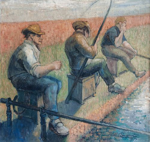 Drie vissers langs de waterkant - Olieverfschilderij op doek.