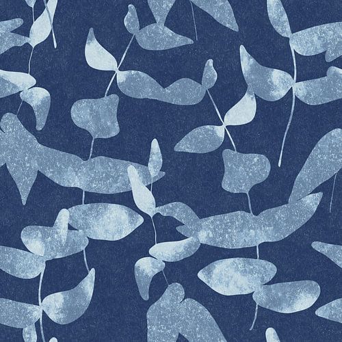 Modern botanisch. Bladeren in indigo blauw en wit