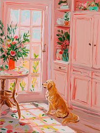 Golden Retriever in a rustic French kitchen