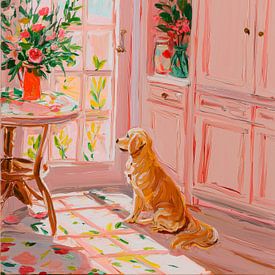 Golden Retriever in a rustic French kitchen by Lauren Wilde
