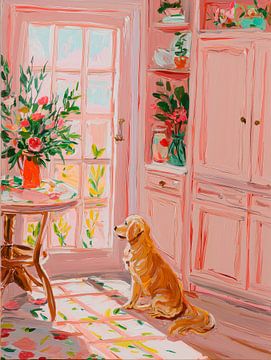 Golden Retriever in landelijke Franse keuken