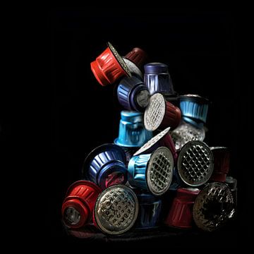 Pile of colorful used coffee capsules against a black background, a lot of unnecessary waste from di by Maren Winter
