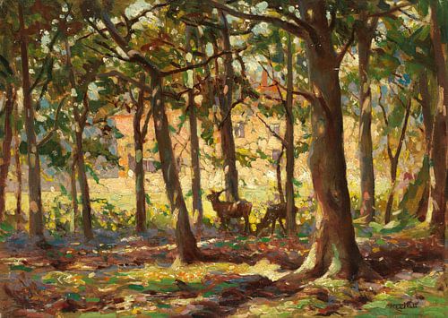 Deer in sunlight copse, Frederick Hall