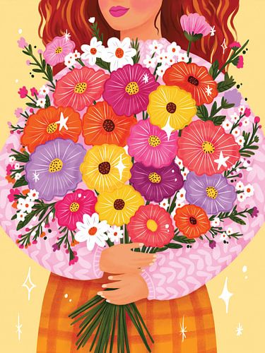 Woman with flowers, cheerful and colourful by Aniet Illustration