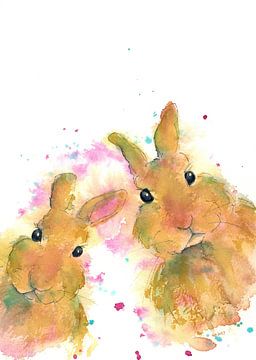 Twee konijntjes aquarel schilderij van Karen Kaspar