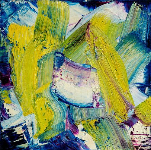 Abstract olieverf schilderij, Geel, Blauw, Wit, Paars