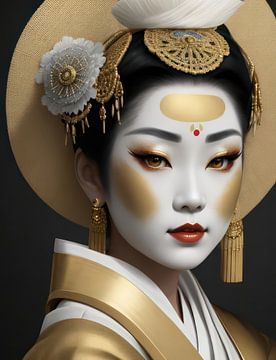 Geisha habillée de façon traditionnelle au 19e siècle, avec maquillage et coiffure.